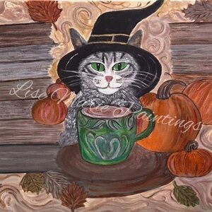 Cat in Witch Hat acrylic Painting original by Artist